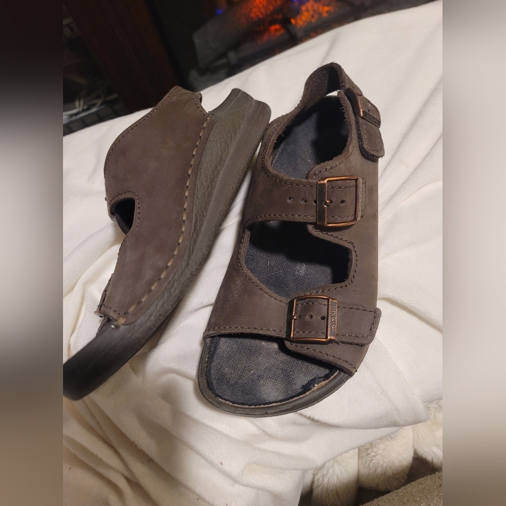 Birkenstock‎ Tatami Brown Leather Slip On Sandals Size 7 Mens Removable Insole - Picture 3 of 11